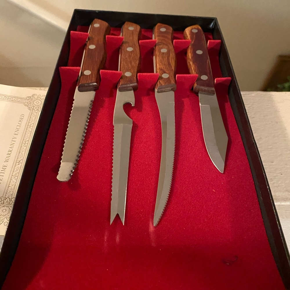 Maxam. 4-Piece Steak Knife & Carving Set with Wood Handles. In Box. USA.